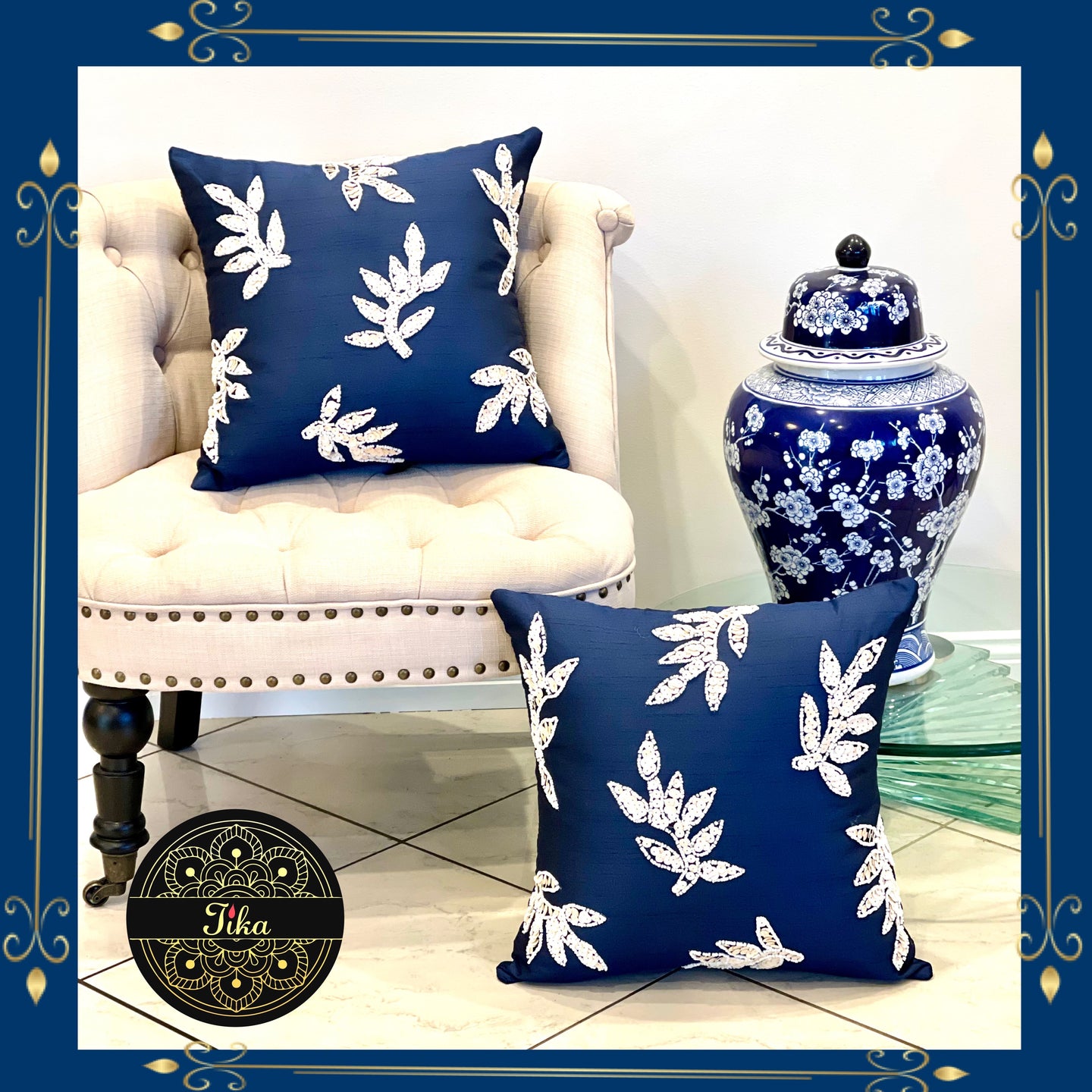 Blue Cushion With Shell Leaves